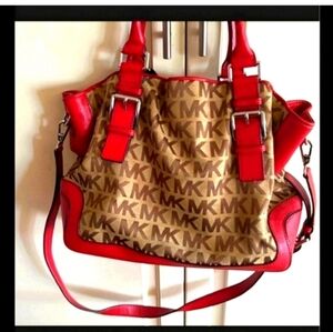 ⚘️Like new!Michael Kors Beige/Red Canvas and Leather Large Brookville bag